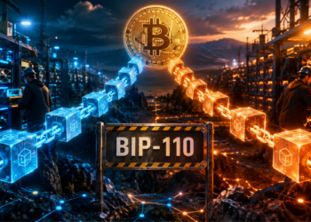 Ilustración de la red Bitcoin bifurcándose.