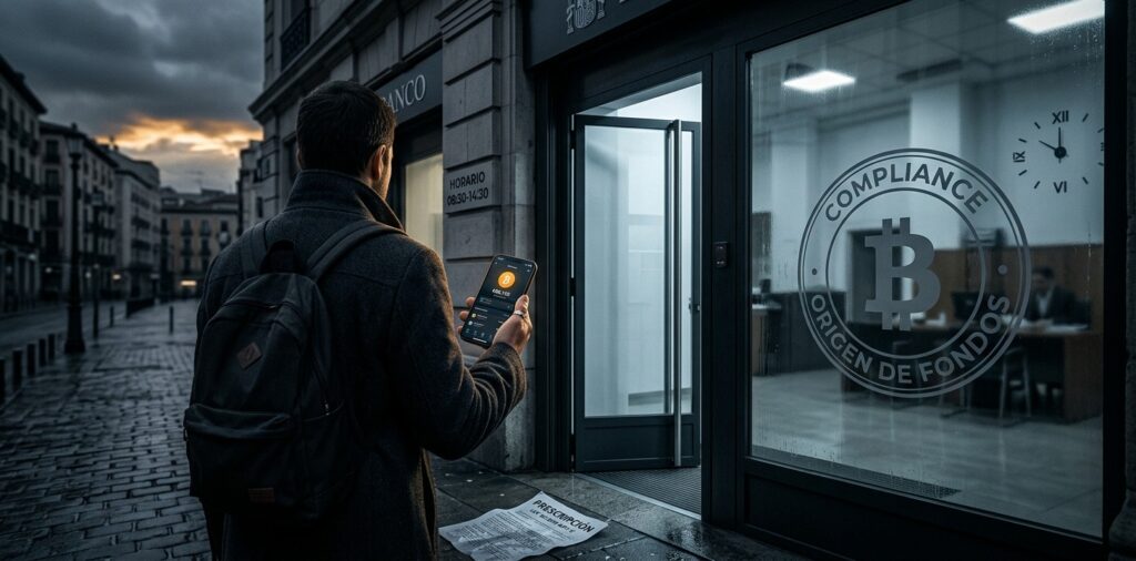 Contribuyente frente a un banco español con un móvil mostrando Bitcoin; en el cristal se refleja "COMPLIANCE" y en el suelo un papel con "PRESCRIPCIÓN".