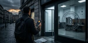Contribuyente frente a un banco español con un móvil mostrando Bitcoin; en el cristal se refleja "COMPLIANCE" y en el suelo un papel con "PRESCRIPCIÓN".