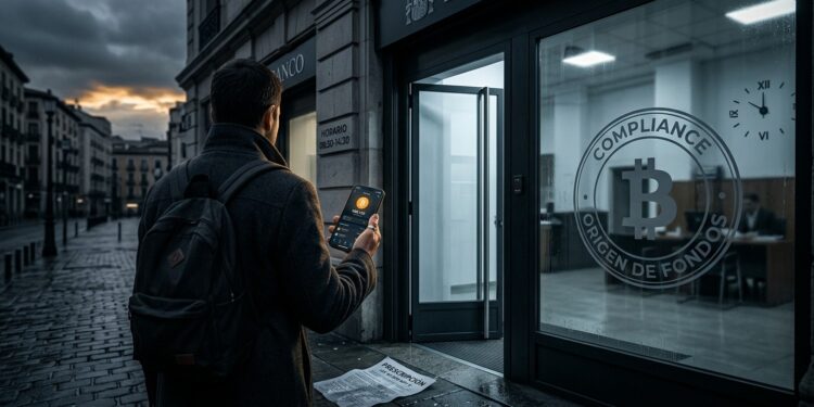 Contribuyente frente a un banco español con un móvil mostrando Bitcoin; en el cristal se refleja "COMPLIANCE" y en el suelo un papel con "PRESCRIPCIÓN".