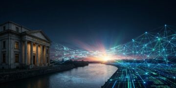 Ilustración de dos orillas separadas por un río. En la izquierda, un edificio bancario clásico en penumbra. En la derecha, una red de nodos digitales iluminada. Un puente de luz cruza el río sin tocar el banco. La infraestructura de pagos con stablecoins opera al margen de la banca tradicional.