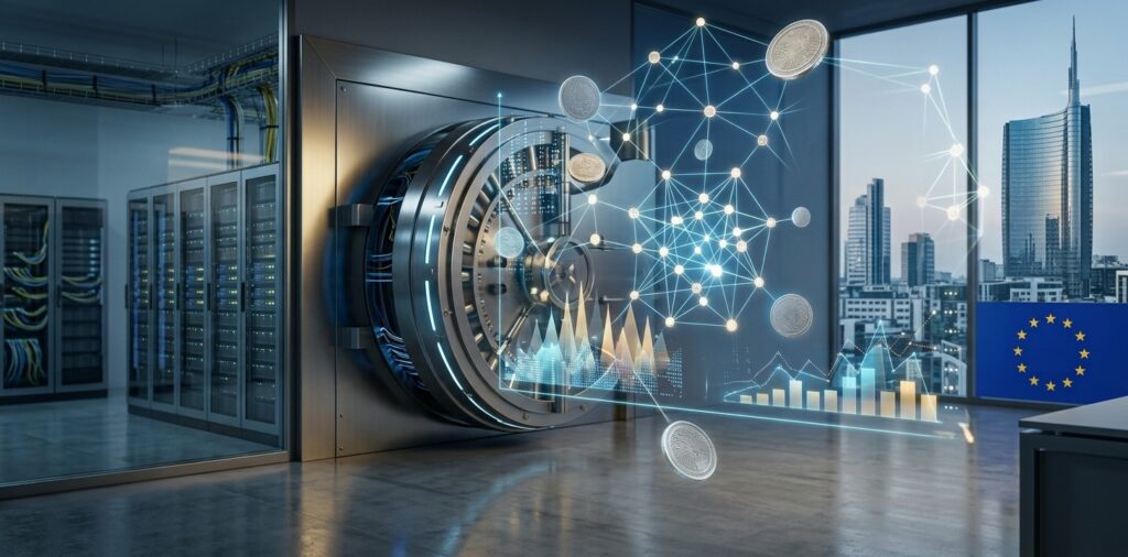 Ilustración de observa una interfaz holográfica con nodos interconectados y monedas digitales genéricas; al fondo, una bóveda acorazada digital se fusiona con servidores y fibra óptica, con el skyline de Milán y la bandera de la UE integrados. Sin texto ni logotipos.