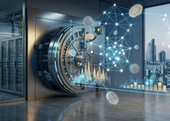 Ilustración de observa una interfaz holográfica con nodos interconectados y monedas digitales genéricas; al fondo, una bóveda acorazada digital se fusiona con servidores y fibra óptica, con el skyline de Milán y la bandera de la UE integrados. Sin texto ni logotipos.
