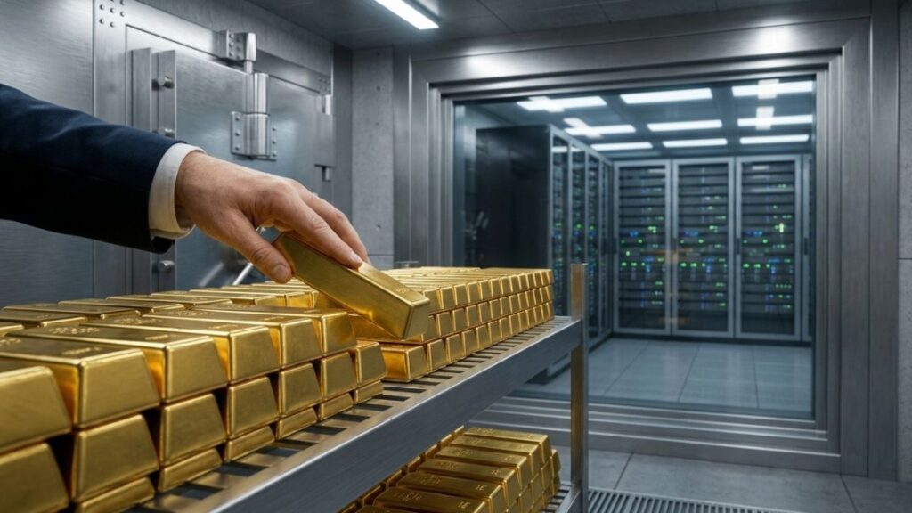 una mano que mueve lingotes de oro en una bóveda