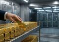 una mano que mueve lingotes de oro en una bóveda