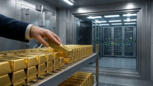 una mano que mueve lingotes de oro en una bóveda