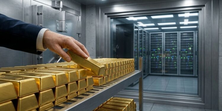 una mano que mueve lingotes de oro en una bóveda