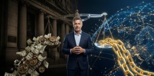 Una ilustración dividida que presenta a un ejecutivo masculino con traje en el centro, actuando como fulcro de una balanza conceptual. A la izquierda, un edificio de banco clásico y oscuro con el texto 'WALL STREET BANK', y una balanza cargada con un pesado montón de billetes de dólar y engranajes mecánicos, todo etiquetado como. A la derecha, un brillante mapa de red global digital y una balanza cargada con una cadena de bloques dorada brillante.