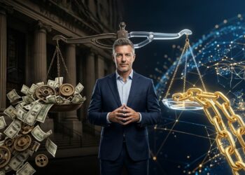 Una ilustración dividida que presenta a un ejecutivo masculino con traje en el centro, actuando como fulcro de una balanza conceptual. A la izquierda, un edificio de banco clásico y oscuro con el texto 'WALL STREET BANK', y una balanza cargada con un pesado montón de billetes de dólar y engranajes mecánicos, todo etiquetado como. A la derecha, un brillante mapa de red global digital y una balanza cargada con una cadena de bloques dorada brillante.