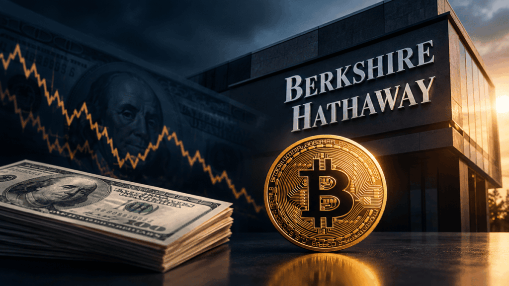 Moneda de Bitcoin frente al edificio de Berkshire Hathaway, junto a billetes de 100 dólares y un gráfico descendente.