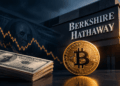 Moneda de Bitcoin frente al edificio de Berkshire Hathaway, junto a billetes de 100 dólares y un gráfico descendente.