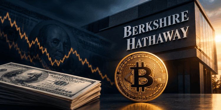 Moneda de Bitcoin frente al edificio de Berkshire Hathaway, junto a billetes de 100 dólares y un gráfico descendente.