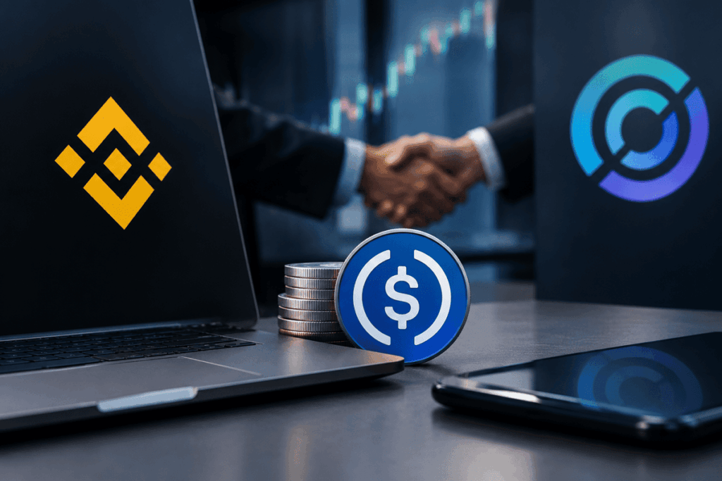 Binance y Circle representados por una alianza con monedas, una laptop y un apretón de manos.
