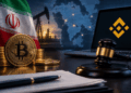 Bandera de Irán y bandera con el logo de Binance, con monedas de bitcoin y petróleo