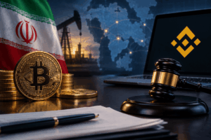 Bandera de Irán y bandera con el logo de Binance, con monedas de bitcoin y petróleo
