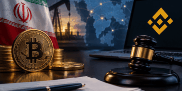 Bandera de Irán y bandera con el logo de Binance, con monedas de bitcoin y petróleo