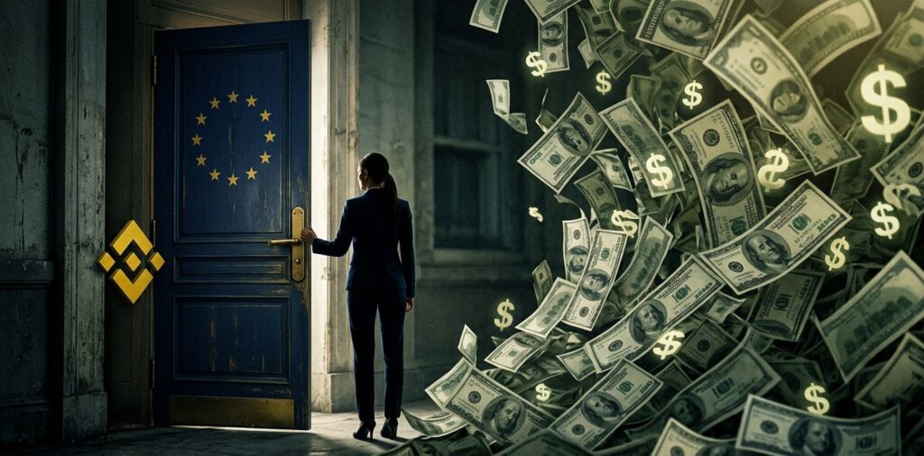 Imagen conceptual: puerta europea cerrándose sobre Binance, con el dólar dominando la escena.