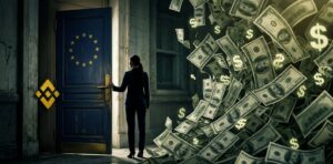 Imagen conceptual: puerta europea cerrándose sobre Binance, con el dólar dominando la escena.
