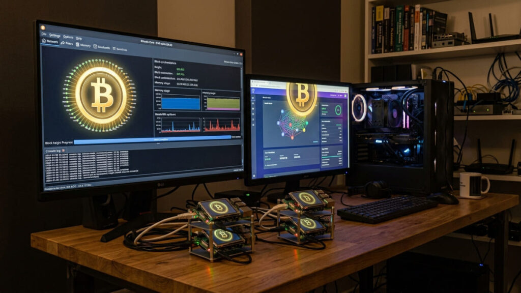 Computadoras corriendo nodos de Bitcoin.