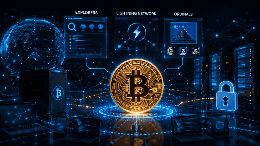 Una moneda de Bitcoin rodeada de tecnologías.