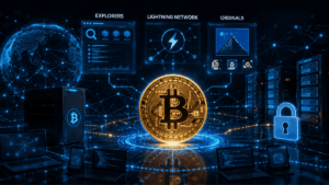 Una moneda de Bitcoin rodeada de tecnologías.