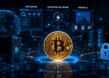 Una moneda de Bitcoin rodeada de tecnologías.