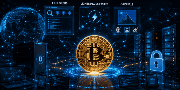 Una moneda de Bitcoin rodeada de tecnologías.