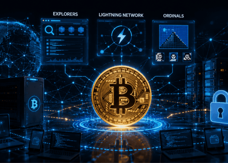 Una moneda de Bitcoin rodeada de tecnologías.