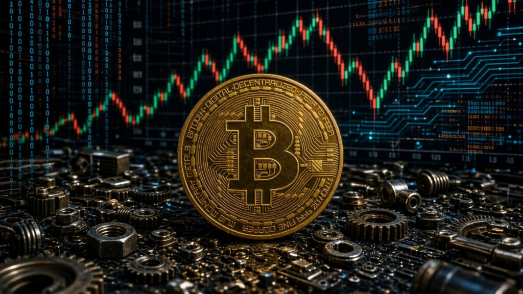Una moneda de Bitcoin rodeada de tuercas y tornillos.
