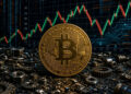 Una moneda de Bitcoin rodeada de tuercas y tornillos.