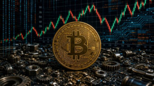 Una moneda de Bitcoin rodeada de tuercas y tornillos.