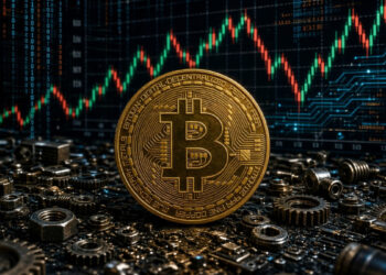 Una moneda de Bitcoin rodeada de tuercas y tornillos.