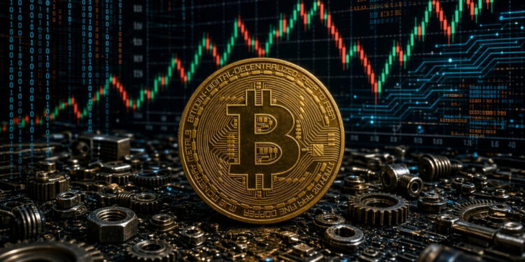 Una moneda de Bitcoin rodeada de tuercas y tornillos.