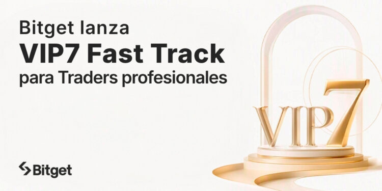 Promocional de Bitget que lanza VIP7 Fast Track para Traders profesionales. Abajo a la derecha un VIP7 en dorado sobre un podio de escalones