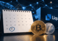 Un calendario con 30 días, de fondo, una red de criptomonedas.