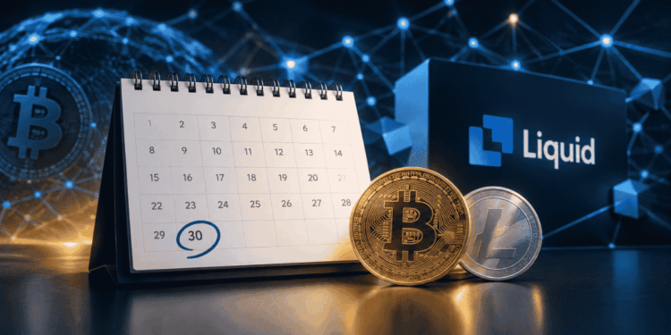 Un calendario con 30 días, de fondo, una red de criptomonedas.