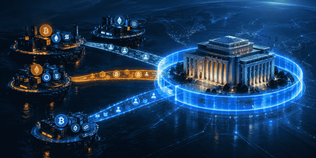 Ilustración editorial: un edificio institucional que representa a la CFTC, rodeado por un perímetro azul luminoso. Fuera, varias plataformas flotantes que representan exchanges offshore. Tres canales de luz —FBOT, foreign futures y no-action relief— transportan datos y usuarios hacia el perímetro regulado. Las plataformas permanecen fuera; solo su actividad entra.