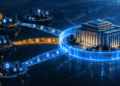 Ilustración editorial: un edificio institucional que representa a la CFTC, rodeado por un perímetro azul luminoso. Fuera, varias plataformas flotantes que representan exchanges offshore. Tres canales de luz —FBOT, foreign futures y no-action relief— transportan datos y usuarios hacia el perímetro regulado. Las plataformas permanecen fuera; solo su actividad entra.