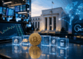 Bitcoin dorado junto a íconos de vivienda, oro, documentos, hojas y petróleo, frente a pantallas financieras y un mapa mundial digital.