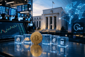 Bitcoin dorado junto a íconos de vivienda, oro, documentos, hojas y petróleo, frente a pantallas financieras y un mapa mundial digital.