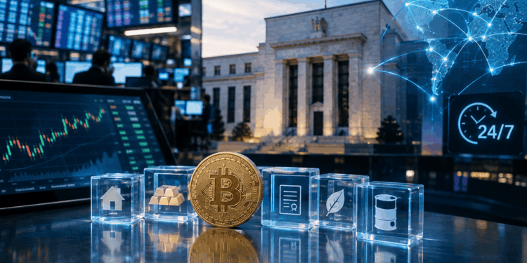 Bitcoin dorado junto a íconos de vivienda, oro, documentos, hojas y petróleo, frente a pantallas financieras y un mapa mundial digital.