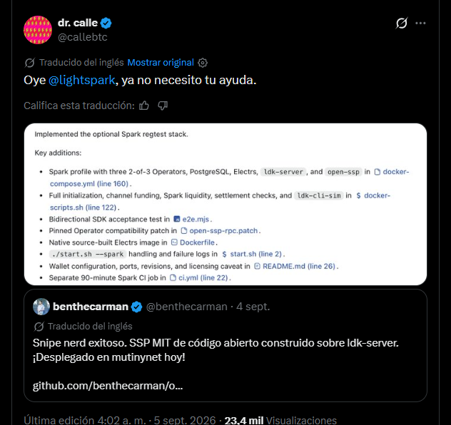 Publicación en X del desarrollador bitcoiner Calle.