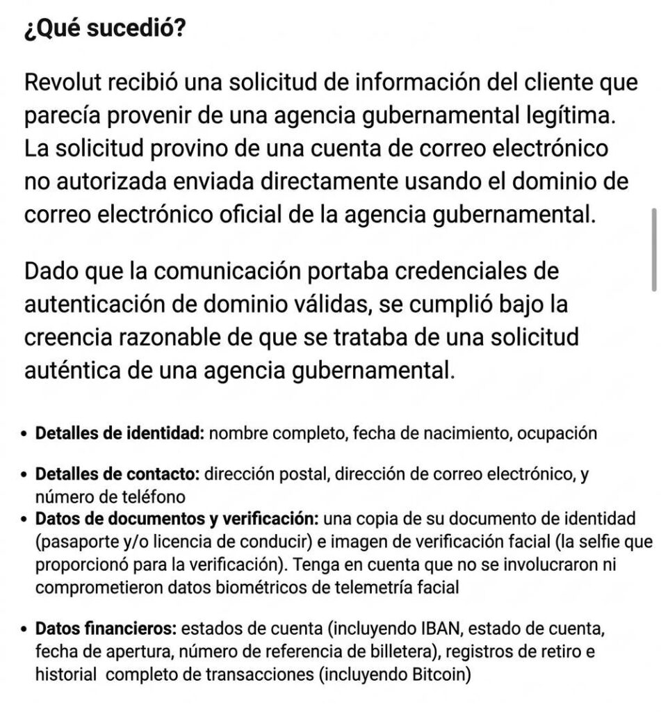 Captura de pantalla de la notificación oficial de Revolut detallando una brecha de seguridad causada por una solicitud gubernamental fraudulenta con autenticación de dominio válida. Incluye la lista de datos expuestos: identidad, contacto, documentos de identificación con selfie de verificación e historial financiero con transacciones de bitcoin.