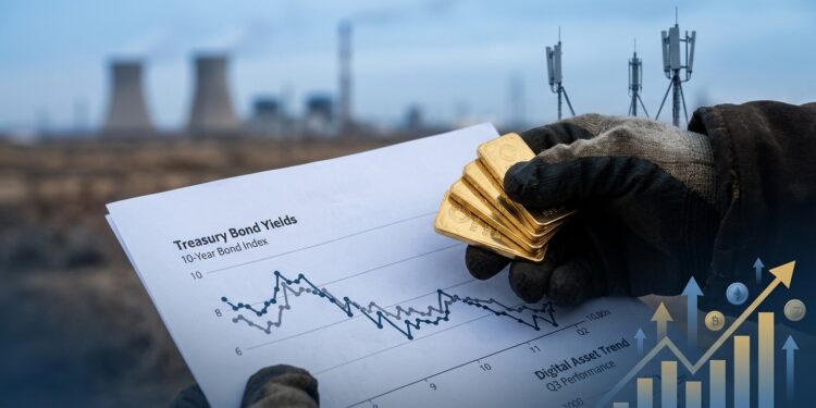 Ilustración editorial que muestra una mano sosteniendo lingotes de oro sobre un documento con un gráfico descendente de bonos del Tesoro de Estados Unidos. Al fondo, desenfocado, se aprecia un horizonte industrial árido con torres de refrigeración y antenas de centros de datos, evocando Ulanqab. En una esquina, un gráfico ascendente de tokens digitales. La composición utiliza una paleta fría de azules, grises y dorados apagados, y sugiere una transición económica sin confrontación.