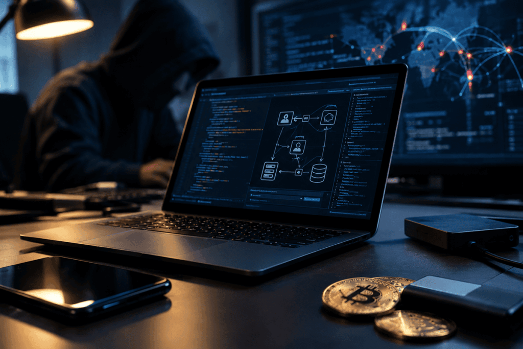 Hacker frente a una laptop con conexiones digitales, dispositivos y monedas de bitcoin.