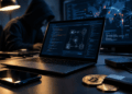 Hacker frente a una laptop con conexiones digitales, dispositivos y monedas de bitcoin.
