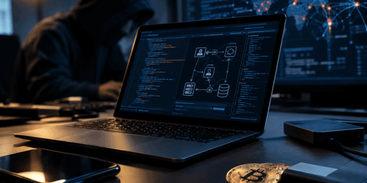 Hacker frente a una laptop con conexiones digitales, dispositivos y monedas de bitcoin.