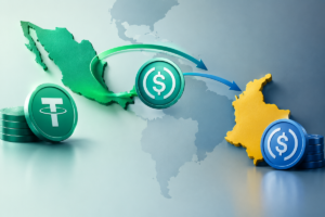 Mapa de México y Colombia conectados por flujos de stablecoins.
