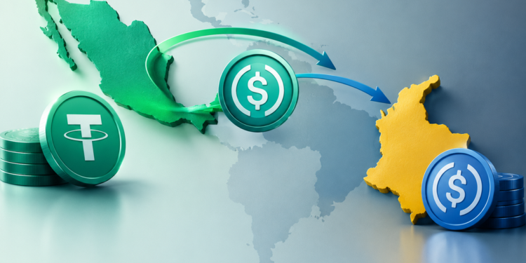 Mapa de México y Colombia conectados por flujos de stablecoins.