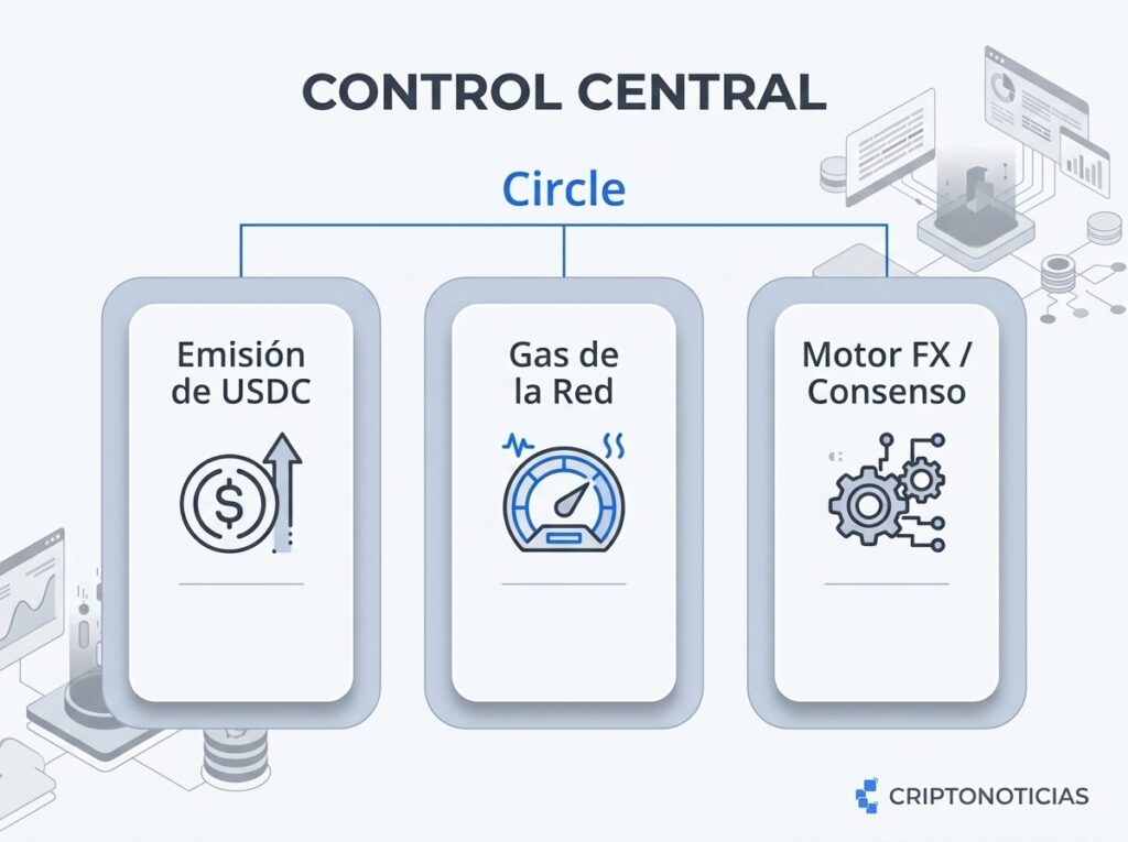 Diagrama de flujo sobre la arquitectura de la red Arc. En la parte superior, un recuadro etiquetado como "Control Central: Circle" conecta mediante tres flechas hacia abajo con tres funciones clave: Emisión de USDC, Gas de la Red y Motor FX / Consenso, ilustrando la concentración de funciones operativas en una sola entidad.